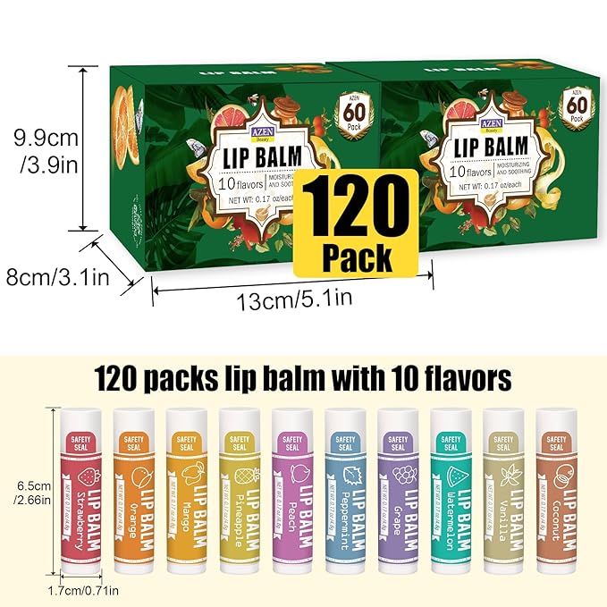 AZEN 120 Pack Lip Balm, Natural Lip Balm Bulk, Lip Care Product, Moisturizing Lip Balms for dry cracked lips, Mothers Day Gifts Easter Basket Stuffers - 10 Flavors