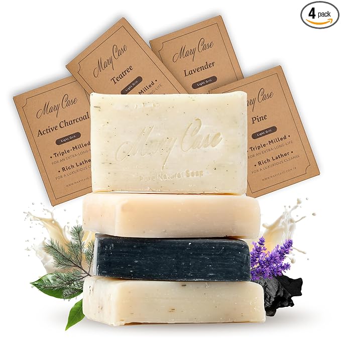 Mary Case Goat Milk Variety Bar Soap Set of 4 | Lavender, Pine Tar, Tea Tree & Charcoal Natural Soaps with Olive & Coconut Oils | Bath Soap for Men & Women | Hydrating, Purifying & Nourishing Skin
