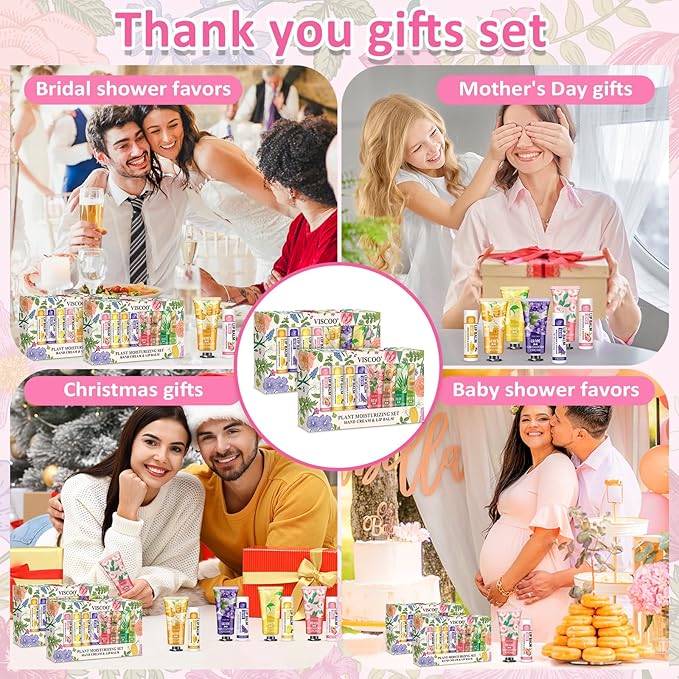 VISCOO 16 Pack Bulk Lip Balm and Hand Cream Set, Mothers Day Gifts, Teacher Appreciation Gifts, Nurses Week Gift, Thank You Bridal Wedding Favors for Guests, Small Gift for Women Birthday