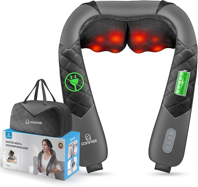 COMFIER Cordless Neck Massager with Heat, Back Massager for Pain Relief deep Tissue, 3D Shiatsu Neck Shoulder Massage with Carry Bag, White Elephant Gift for Adult