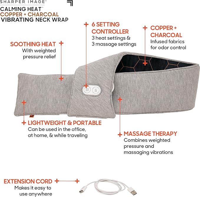 Calming Heat Neck Wrap by Sharper Image | Weighted Copper & Charcoal, Heating Pad, Auto Shut-Off Feature, Gift for Holidays, Women & Men | 3 Heat & 3 Vibrating Massage Settings