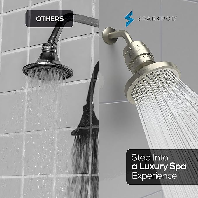 SparkPod Luxury Filtered Shower Head Set 23 Stage Shower Filter - Reduces Chlorine and Heavy Metals - High Pressure Showerhead Filter (6" Round, Elegant Brushed Nickel)