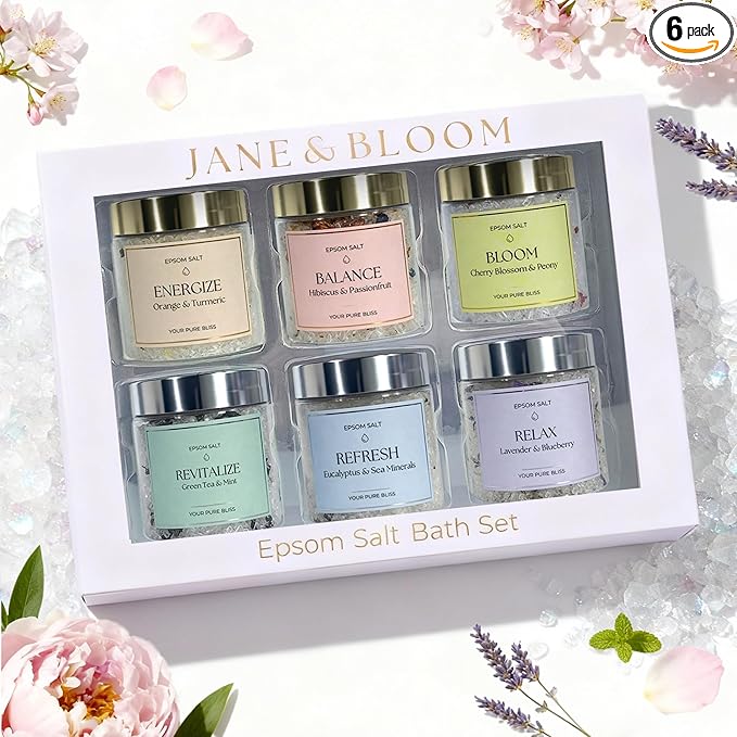Epsom Salt Bath Gift Set – 6 Aromatherapy Blends with Essential Oils – Bath & Body Gift Set for Women, Stress Relief, Self Care, Birthday Gifts – Jane & Bloom