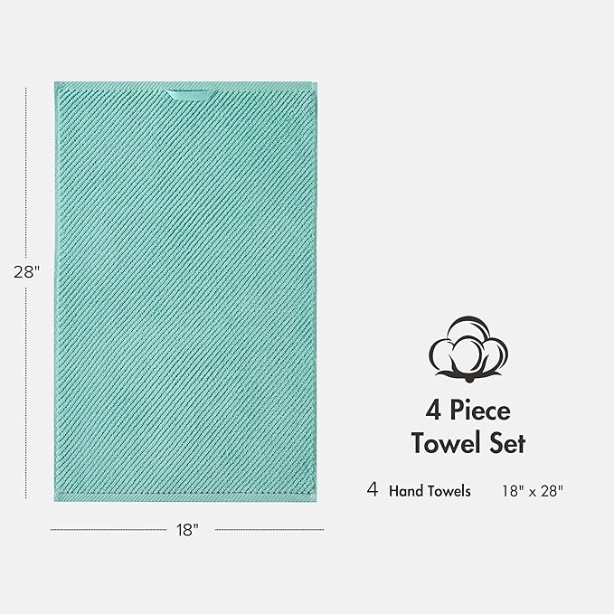 Madison Park 4-Piece Hand Towel Set for Bathroom 18" x 28" Diagonal Ribbed, Turquoise - 100% Cotton Soft Quick Dry & Absorbent Gift | Zero Twist, 500 GSM, Oeko-TEX, Hotel Quality
