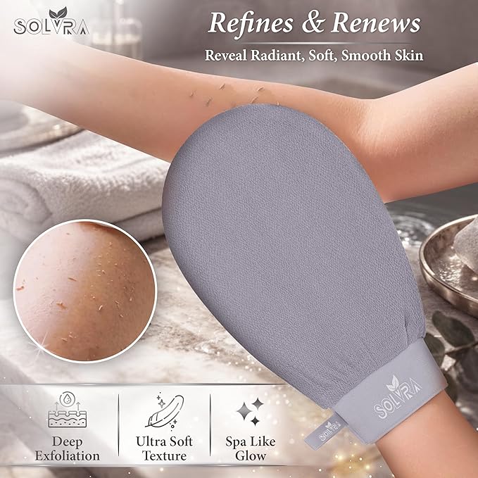 Exfoliating glove for Shower & Exfoliating body scrubber – 100% Vegan Viscose Kessa Mitt for Dead Skin Removal, Self-Tan Fade & Keratosis Pilaris –Dual-Texture Glove for Spa & Massage (1 Pack Gray)