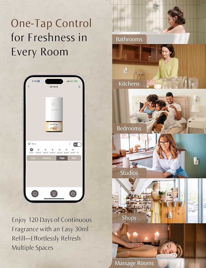 SF101S Pro Smart Plug in Air Freshener for Home, Waterless Essential Oil Diffuser, Aromatherapy Home Diffuser, 120-Day Natural Aroma Mist – Free 30ml Amberwood Spice (Burnt Sienna)