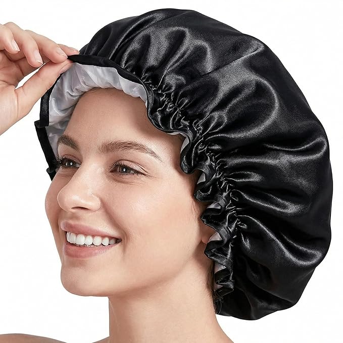 Aquior Shower Caps, Reusable Shower Cap for Women, Double Layer Waterproof Hair Cap, Large Size for All Hair Lengths,for Girls Spa Home Salon Use (Black)