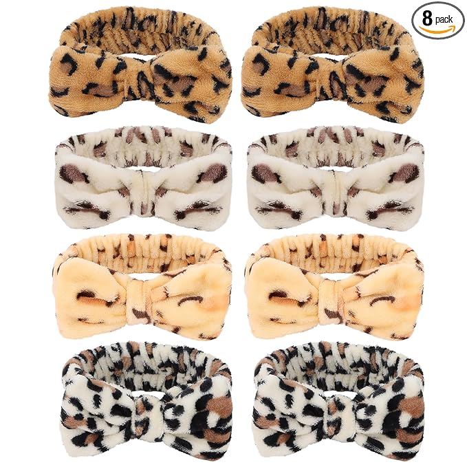 Casoty 8 Pack Leopard Spa Headbands - Soft Fleece Hair Bands for Face Washing, Makeup, Yoga & Skincare - Elastic Bow Design for Women & Girls