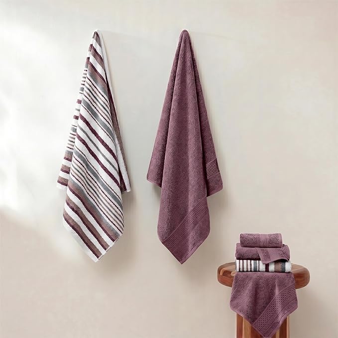 Modern Threads Pax 6-Piece Reversible Yarn Dyed Jacquard Towel Set - Bath Towels, Hand Towels, & Washcloths - Super Absorbent & Quick Dry - 100% Combed Cotton, Rosewood
