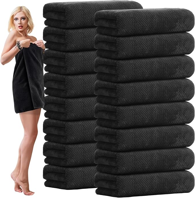SmoothNovelty 16 Pack Microfiber Bath Towels Bulk 27'' x 60'' Oversized Size Bath Towel Highly Absorbent Extra Large Soft Drying for Beach Shower Summer Salon Sport Gym Party (Lattice,Black)