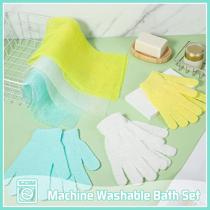 6 Pack African Net Sponge Exfoliating Glove Set, 3 Bath Sponge Body Scrubber Back Scrubber and 3 Pairs Exfoliating Gloves for Shower