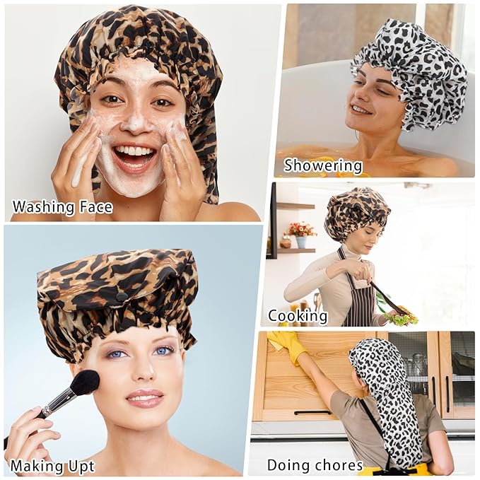 2 Pcs Large Shower Cap for Braids, Extra Long Shower Cap for Women Long Hair & Locs, Waterproof Hair Bonnets for Dreadlocks Drawstring Bath Caps for Women & Men (Leopard, Cow Print)