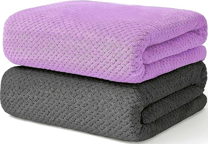 2 Pack Bath Towel Set, Waffle Bath Towel Set, Super Soft Highly Absorbent, Sturdy Quick Drying Towels for Bathroom, Gym, SPA, Yoga (2 Piece 27" x 55", 1Grey+1Purple)