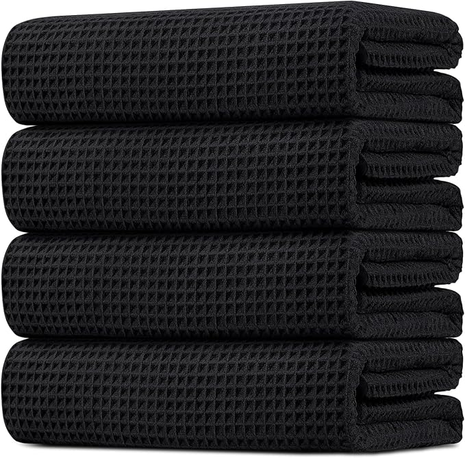 HOMEXCEL Waffle Bath Towels Set 4 Pack, Premium Microfiber Bathroom Towels, Lightweight, Highly Absorbent and Quick Dry Towel for Bathroom, Gym, Shower, Hotel, and Spa, 30 x 60 Inch, Black