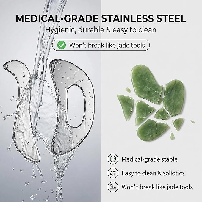 Stainless Steel Gua Sha Muscle Scraping Tool, Ergonomic Body Massage Scraper with Smooth Curved Edge, Handheld Manual Massager for Neck, Shoulders, Back, Arms and Legs, Includes Storage Pouch