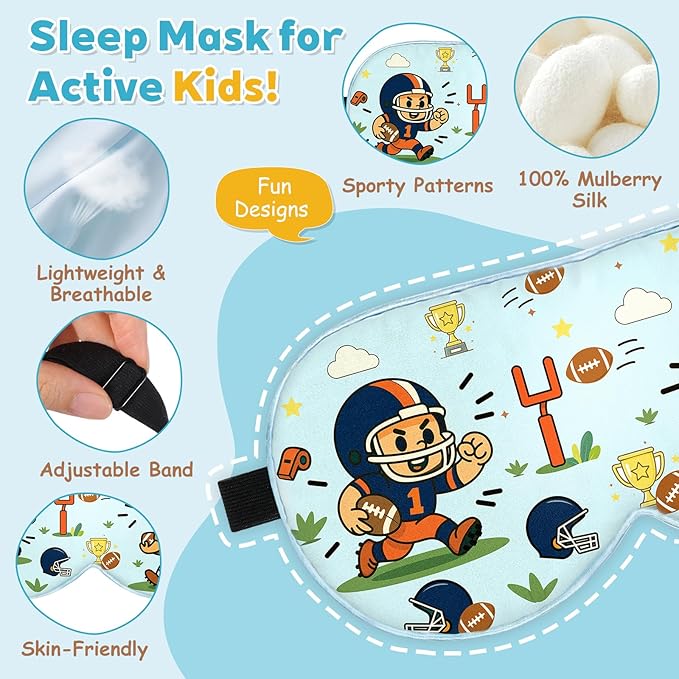 Kids Silk Sleep Mask – 100% Mulberry Silk Eye Cover, Kid Eye Mask with Adjustable Strap, Soft & Breathable Blackout Sleeping Mask for Boys and Girls Ages 5-15 (Football Style)