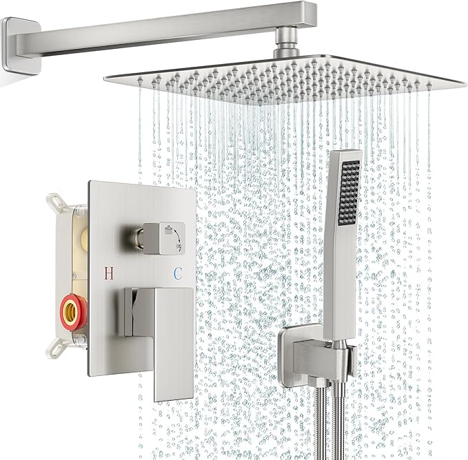 FPXRNG Shower Faucet Set Bathroom Square Rain Shower Head and Handle Set, Wall Mounted Shower Fixtures, Full Metal Trim Repair Kit 10 inch Brushed Nickel (With Shower Valve)