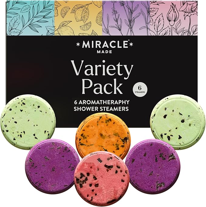 Miracle Made Aromatherapy Shower Steamers Variety Pack – Essential Oil Scented Shower Bombs for Relaxing, Refreshing Self-Care – 6 Shower Melt Tablets with Dried Flowers