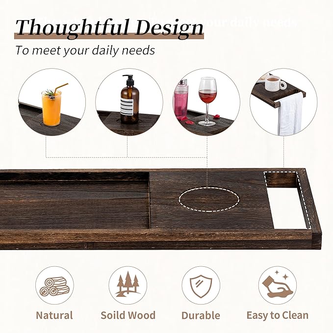 Hanobe Bathtub Tray Bath Caddy: 31" Wooden Tub Shelf with Handles Simplicity Farmhouse Rustic Wood Board for Bathroom Organizer Home SPA
