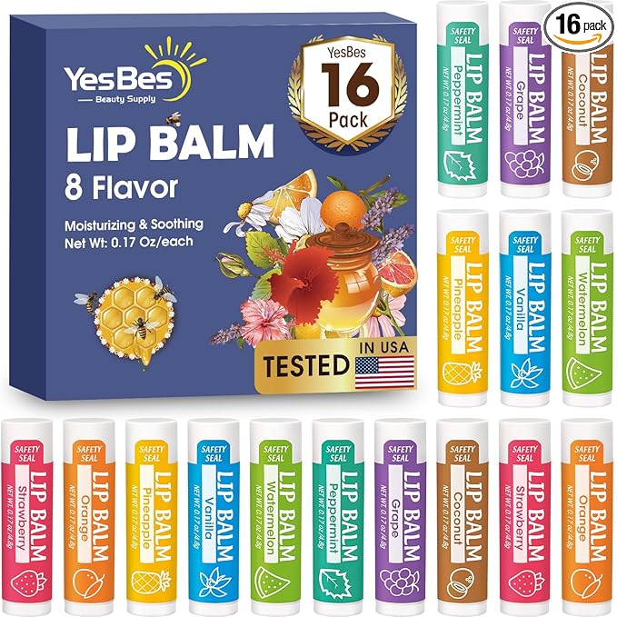 YesBes 16 Pack Lip Balm, Natural Lip Balm Bulk with Vitamin E and Coconut Oil, Moisturizing Lip Balms for Dry Cracked Lips, Lip Balms for Mothers Day Gifts Stocking Stuffers - 8 Flavors