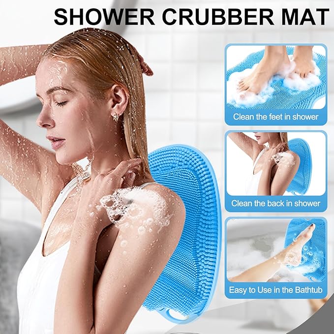 Bath Shower Foot Scrubber Mat - Silicone Shower Foot Scrubber Mat (XL) Cleaner Foot Toes Clean Pad Without Bending Non-Slip Suction Cups Bathroom mat 17.2 * 13 inch - Blue