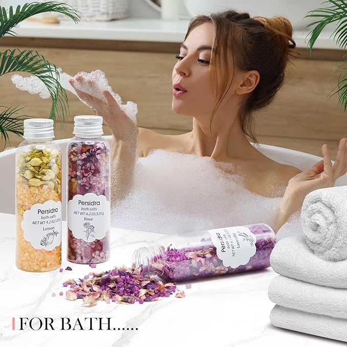 Bath Salts for Women Relaxing, Epsom Salt Bath Soak Gift Set, Mother's Day Birthday Gifts, Spa Bath & Foot Soak, Handmade with Dried Flowers, 3 Bottles Individual Pack, Lavender, Rose & Lemon Scents
