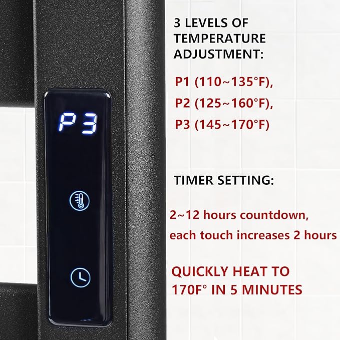 Towel Warmer for Bathroom, 6-Bar, Upgraded Extra-Wide Heating Area, Built-in Timer and Temperature Adjustment, Overheating Protection. Large Free-Standing Heated Towel Rack，Matte Black