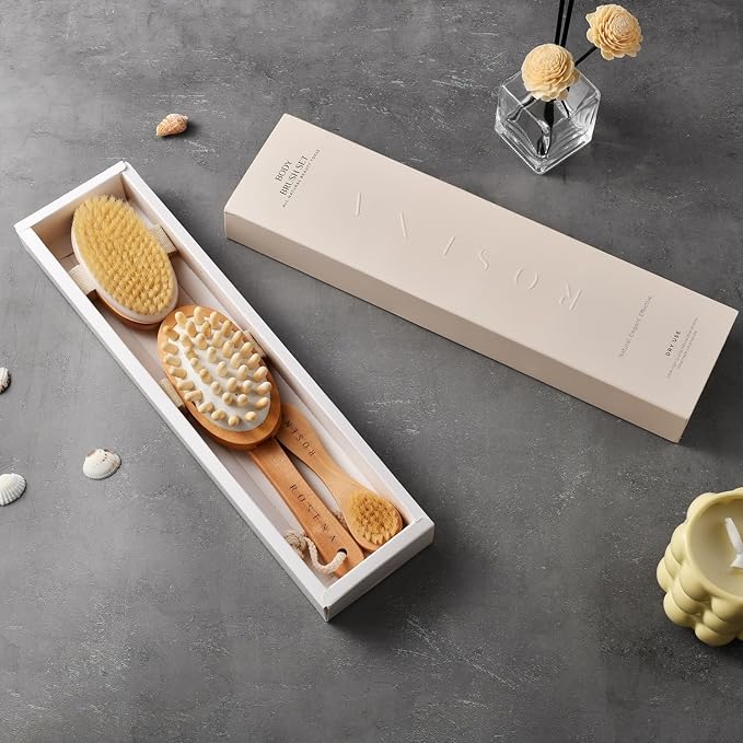 Dry Brushing Body Brush Set – Natural Bristle Spa Exfoliator Kit with Face Cleansing Brush, Long Dry Brushing Body Brush for Lymphatic Drainage & Massaging Cellulite Brush for Smooth, Radiant Skin