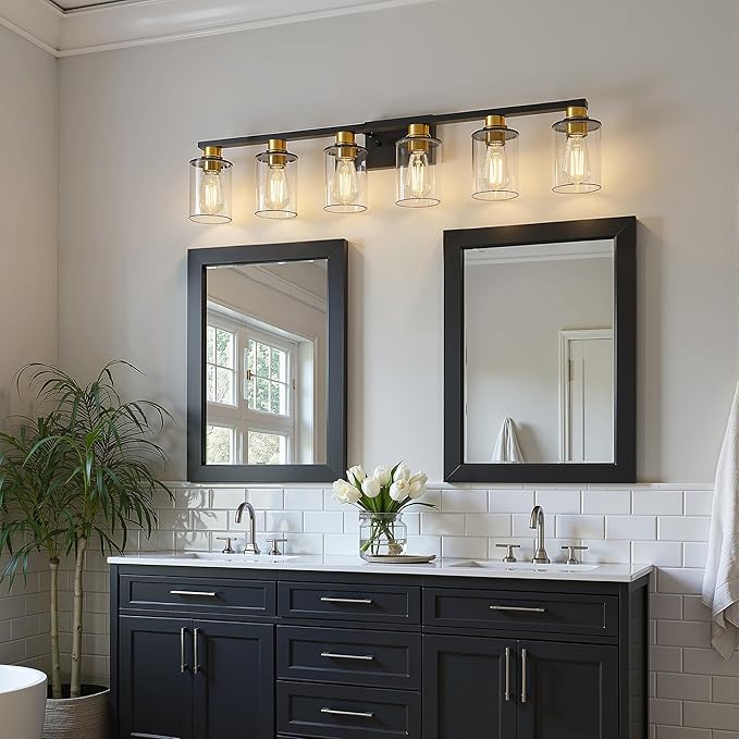 L LOHAS LED 6 Light Bathroom Light Fixtures, Black and Gold Vanity Lights for Bathroom, Vanity Lights for Mirror Bedroom Hallway