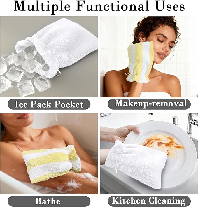 VOOVA & MOVAS Bath Washcloths 6-Pack, 8.3x6.3 Inch 100% Cotton Soft Absorbent Bath Mitt with Hanging Loop, European Style Wash Cloths for Shower & Bath, Yellow Stripe & White