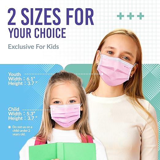 Medtecs Kids Face Mask Disposable - 2 Sizes Option (Child/Youth) 50 PCs - Comfy 3-Ply Breathable Children Masks, The Better & Safer Choice - Child | Pink