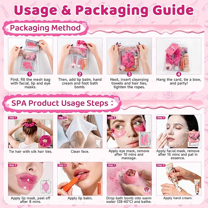Spa Party Supplies for Women, 12 PCS Spa Party Favors Include Face Masks Skincare, Hand Cream, Lip Balm, Under Eye Patches, Lip Mask and Foot Bath Bombs for Birthday Sleepover Party