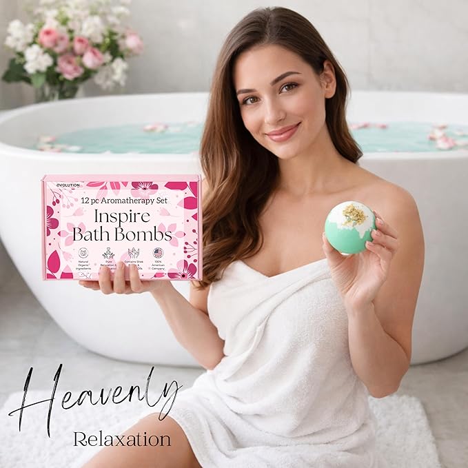 EvolutionUSA 12 Inspire Bath Bombs for Women & Girls – Flower Topped Bath Bombs Girls, Lush Bathbombs Set, Organic Bath Fizzers, Luxury Gift for Mothers Day, Birthday, Christmas, Easter or Self Care