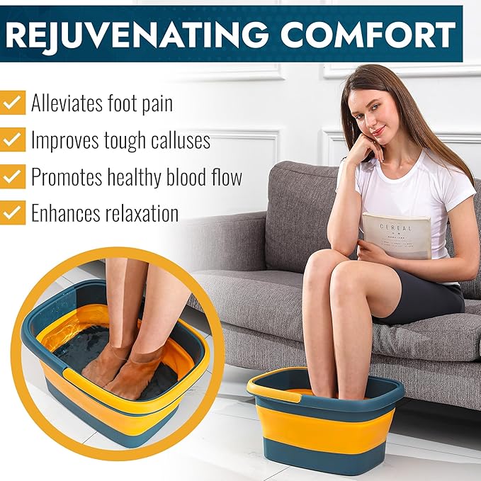 AllSett Health Collapsible Foot Bath – Advance Soaking Tub with Portable Design and Handle – Foldable Pedicure Foot Spa Bowl – Compact and Lightweight Soak with Acupressure Points, Blue and Orange