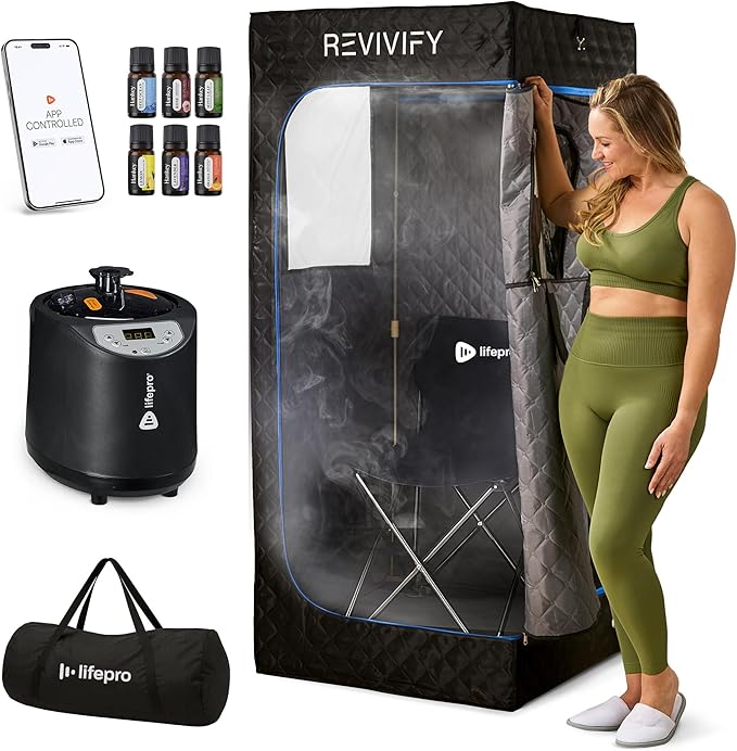 LifePro Revivify Mini Portable Sauna for Home with 2.6L Steamer, Essential Oils and App Control – Full Body Steam Room with Adjustable Heat Levels & Timer – Easy-to-Use at Home Sauna Tent Portable