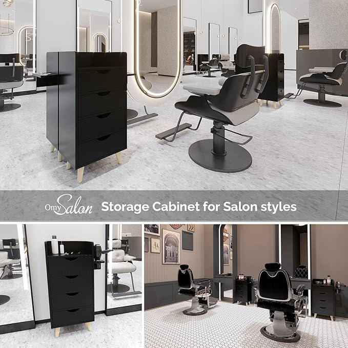 OmySalon 4 -Layer Salon Storage Cabinet,Beauty Barber Salon Styling Station Organizer Equipment,Hair Stylist Station Set with 2 Hair Dryer Holders，4 Drawers and Raised Table Legs, Black