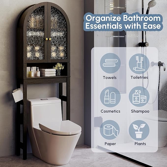 HMstone Over The Toilet Storage Cabinet, Arched Bathroom Organizer and Storage with Acrylic Doors and Adjustable Shelf, Space Saver Freestanding Bathroom Modern Storage Cabinet Over Toilet Dark Brown