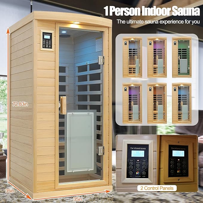 Far Infrared Sauna 1 Person Infrared Home Sauna Room 0-5mG Utra Low EMF Home Sauna Spa 1460W Canadian Hemlock Wooden Indoor Dry Sauna with Door Heating Plate, 2 Control Panels
