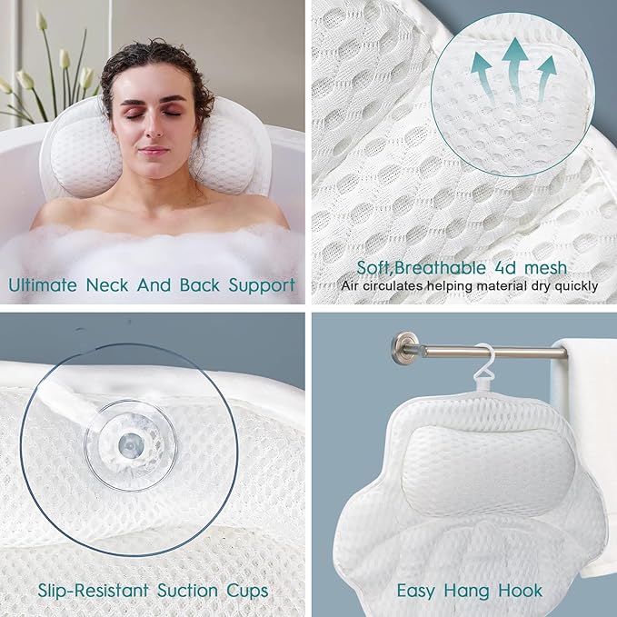 Bath Pillow for Tub, Bathtub Pillow for Head, Neck and Back Support, 4D Air Mesh Spa Bath Pillow with 6 Suction Cups, Machine Washable with Laundry Bag