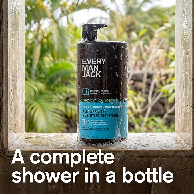 Every Man Jack Men’s 3-in-1 All Over Wash for All Skin and Hair Types - Cleanse and Nourish Skin, Hair with Naturally Derived Soy Proteins, Aloe - Coconut + Driftwood Scent - 28.8 fl. oz - 2 Pack