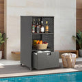 HOMREST Outdoor Pool Towel Rack with Storage Cabinet, Waterproof PE Rattan Wicker Poolside Towel Organizer with Shelves & Drawer, Rolling Wheels Towel Valet Caddy for Patio, Hot Tub, Spa,Black