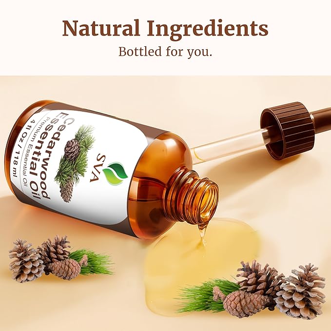 SVA Cedarwood Essential Oil – 4 Fl Oz – 100% Natural Cedar Cupressus Funebris Oil - for Diffuser, Hair Care, Face, Skin Care, Aromatherapy, Scalp and Body Massage, Soap and Candles - with Dropper