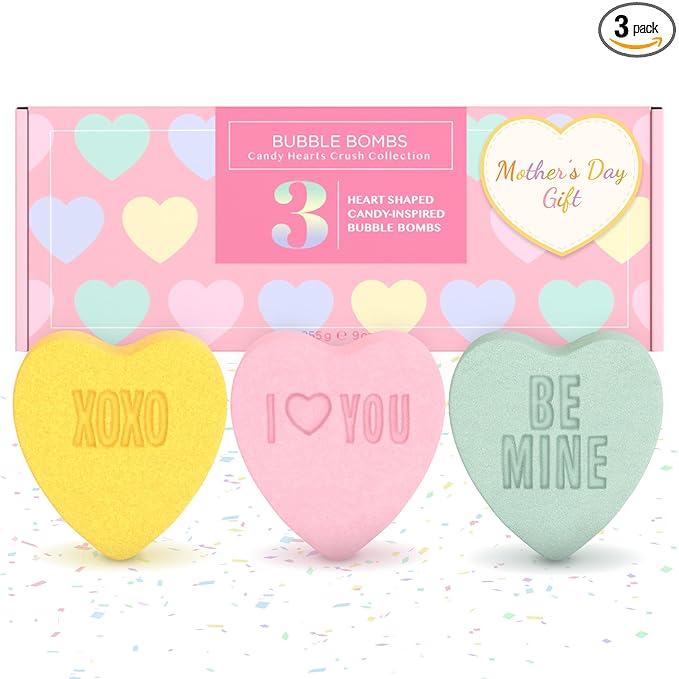 Mother's Day Heart Bath Bombs for Mom (3 Pack) - Relaxing Bubble Bath and Spa Essential - Gift for Her or Mothers Day Gift with Strawberry, Lemon + Fruit Scents, Handmade in USA by Two Sisters