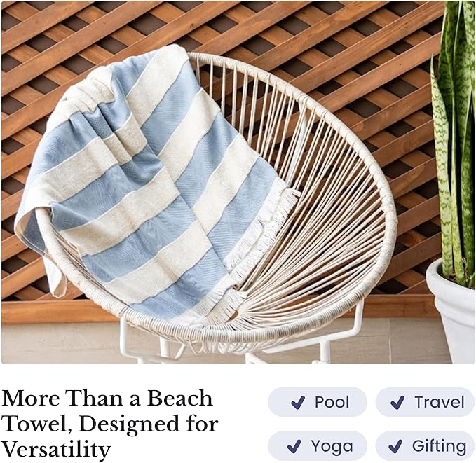 Lightweight Turkish Beach Towel - 100% BCI Cotton, Unbleached Raw Fringe, Oeko-TEX Certified, Absorbent, Eco-Friendly, 36x66”, Sky Blue & Natural Stripes, Portable Sarong Blanket for Pool, Travel