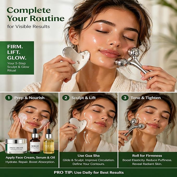 Stainless Steel 3D Face Roller Metal Facial Massager Face Sculpting Gua Sha Facial Tools for Eye Skin Care Reducing Puffiness Double Chin Reducer Facial Roller and Guasha Tool for Face Anti-Wrinkle
