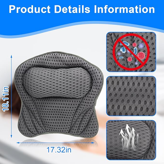 Bath Pillow for Tub, Ergonomic Pillow for Headrest,Neck, Shoulder and Back Support, Home SPA Fast Drying Soft 4D Mesh Fabric and 8 Non-Slip Suction Cups, Spa Bathroom Accessories