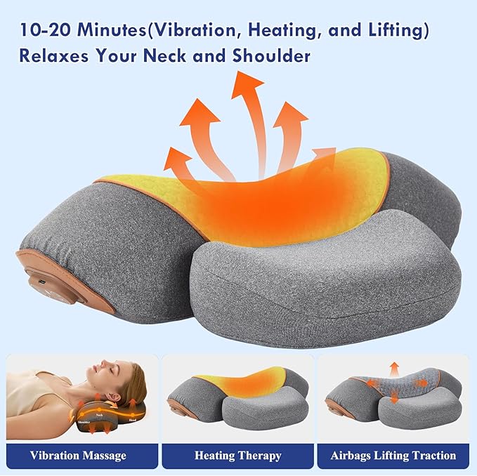 3-in-1 Neck Massager Pillow with Heat - Deep Tissue Vibration Massage & Cervical Traction for Neck Pain Relief, Portable Rechargeable Neck Hump Corrector (Rechargeable)