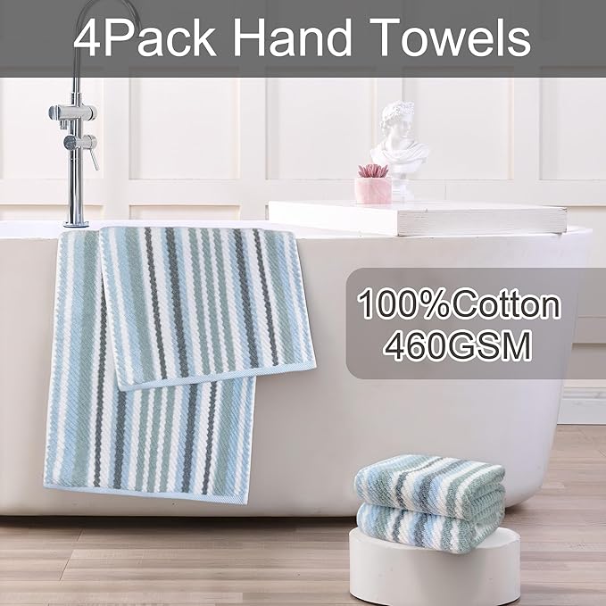 100% Cotton Blue Striped Hand Towels Set of 4, 16x27 Inches, Quick Dry & Highly Absorbent Soft Lightweight Towels for Bathroom, Shower, Guest Room, Luxury Blue & Gray Stripe Towel Gift Set