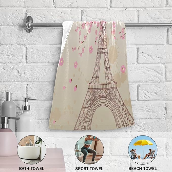 Pink Cherry Blossom Paris Hand Towels for Bathroom Set of 2,Vintage Eiffel Tower Romantic France Plum Floral Decorative Bathroom Towels for Bath,Soft Absorbent Dish Towels for Kitchen 28"x14"
