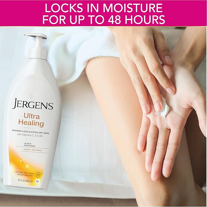 Jergens Ultra Healing Dry Skin Lotion, Hand and Body Moisturizer for Quick Absorption into Extra Dry Skin with Hydralucence Blend, Vitamins C, E and B5, White, 32oz (Pack of 2)